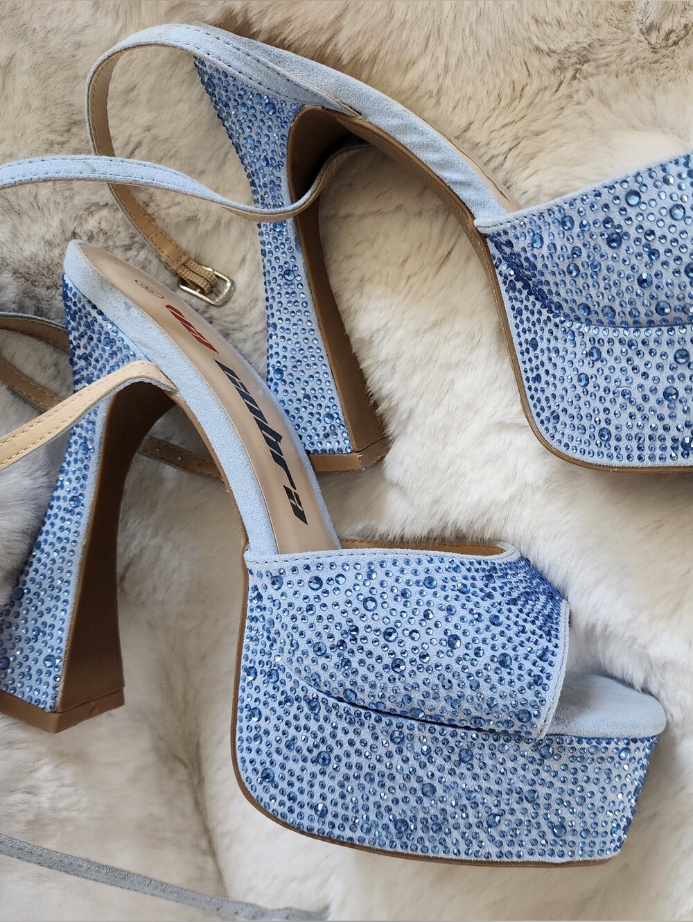 Women's Light Blue Sparkly Crystal Slingback Platform Heels Size 8.5